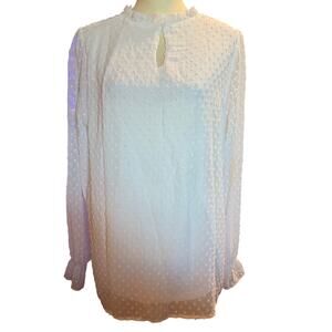 Olivia Concealed Boutique White Swiss Dot Pom Blouse, Romantic, XL, NWT
